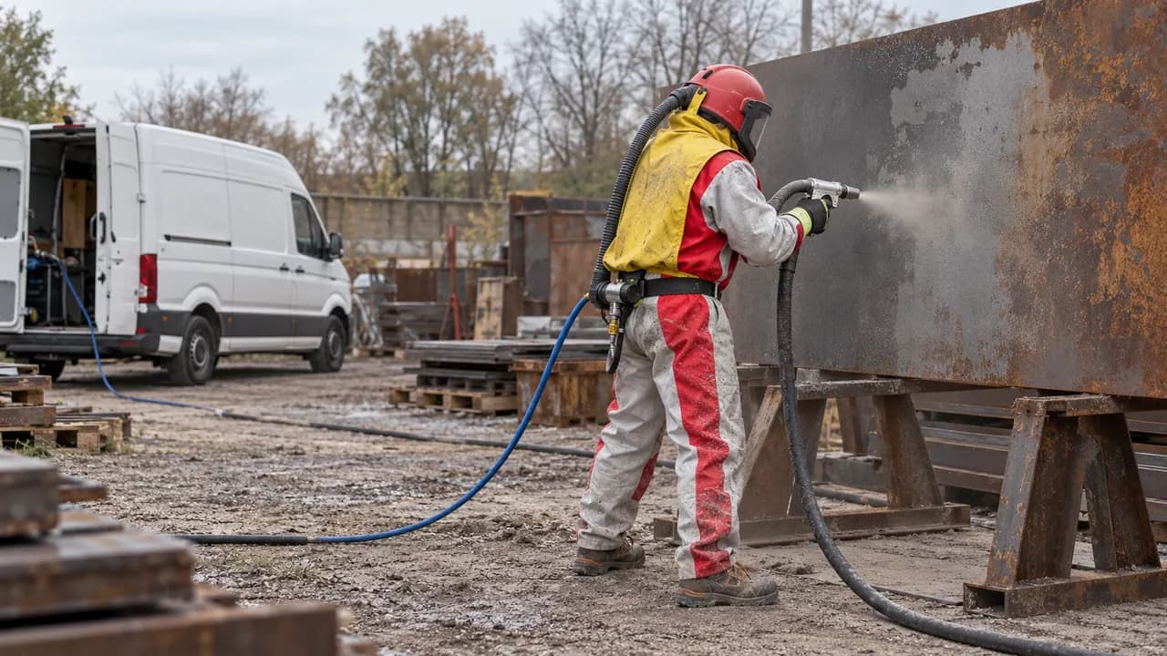Мобільний комплекс під час очищення металевої конструкції