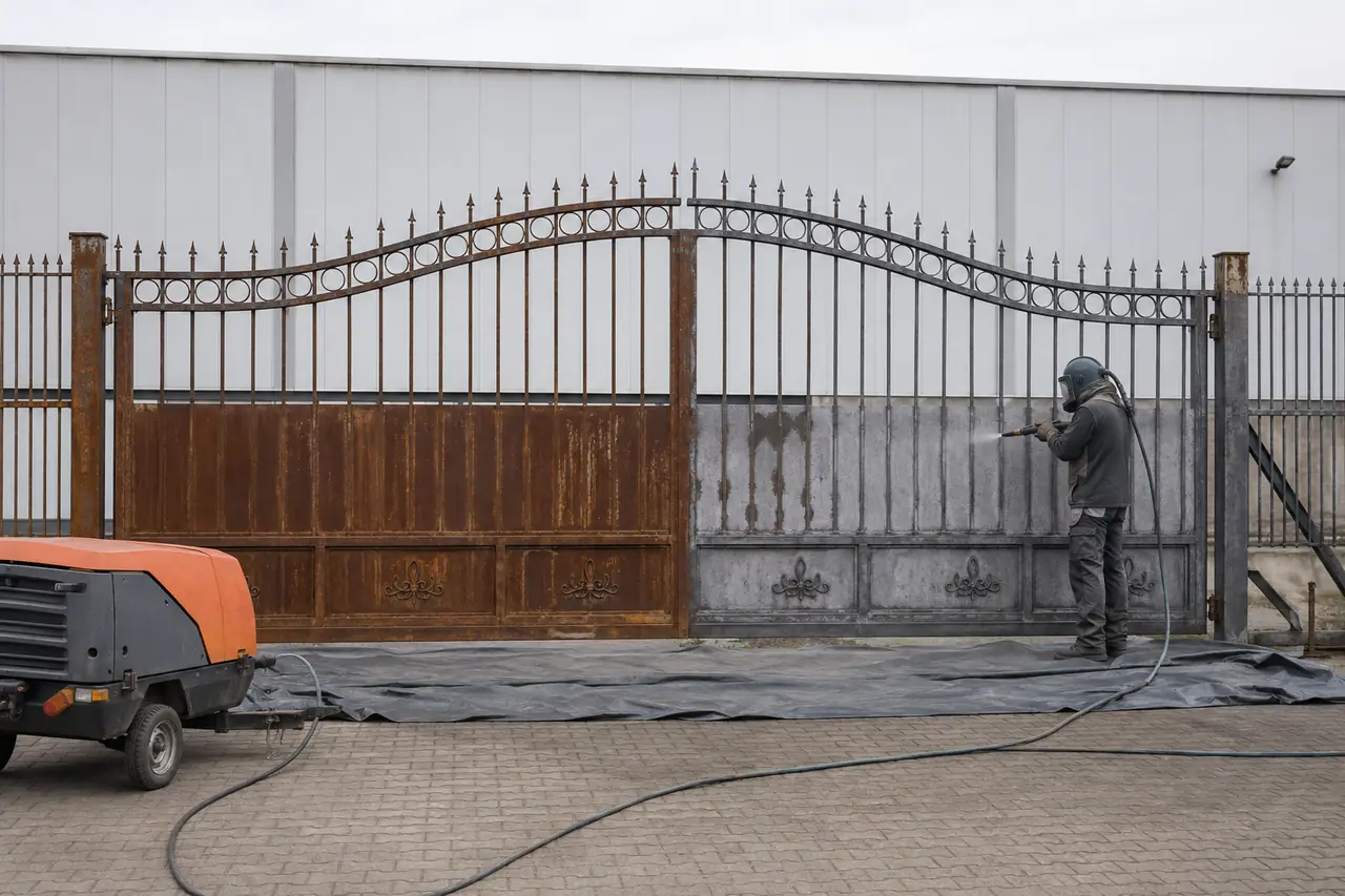 Великі металеві ворота, мобільне обладнання та майстер у кадрі для розуміння масштабу робіт