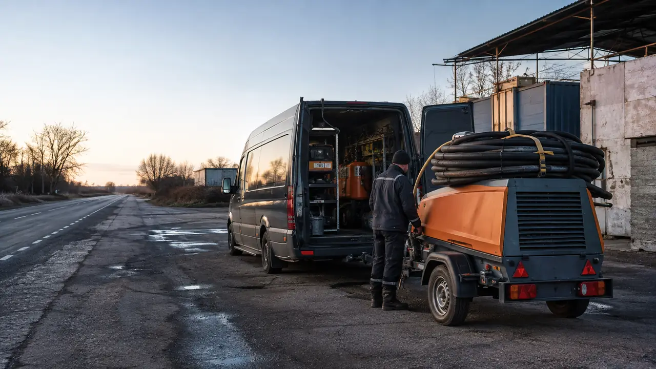 Завантажений мобільний піскоструйний комплекс перед виїздом на об’єкт